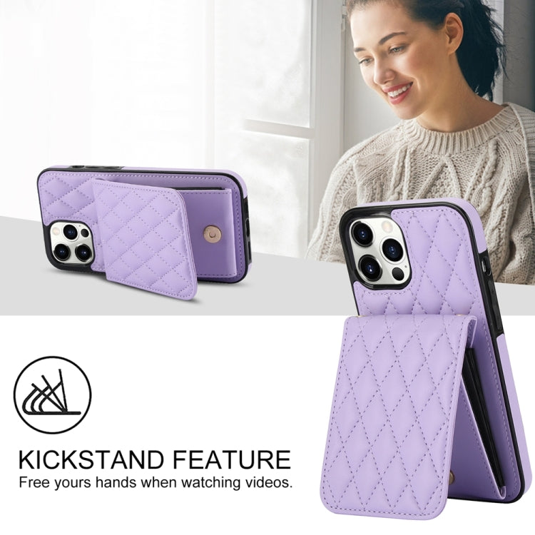 For iPhone 15 Pro YM015 Crossbody Rhombic Card Bag RFID Phone Case(Light Purple) - iPhone 15 Pro Cases by buy2fix | Online Shopping UK | buy2fix