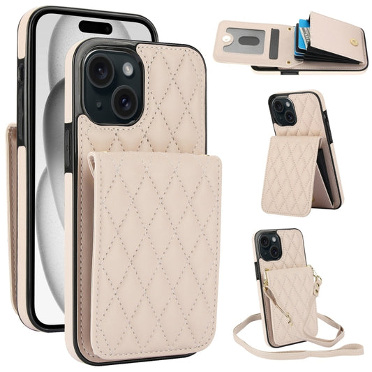 For iPhone 15 YM015 Crossbody Rhombic Card Bag RFID Phone Case(White) - iPhone 15 Cases by buy2fix | Online Shopping UK | buy2fix