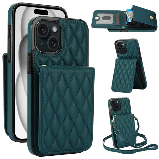 For iPhone 15 YM015 Crossbody Rhombic Card Bag RFID Phone Case(Green) - iPhone 15 Cases by buy2fix | Online Shopping UK | buy2fix