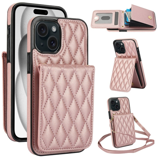 For iPhone 15 YM015 Crossbody Rhombic Card Bag RFID Phone Case(Rose Gold)