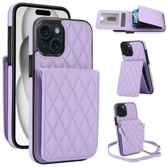 For iPhone 15 YM015 Crossbody Rhombic Card Bag RFID Phone Case(Light Purple) - iPhone 15 Cases by buy2fix | Online Shopping UK | buy2fix