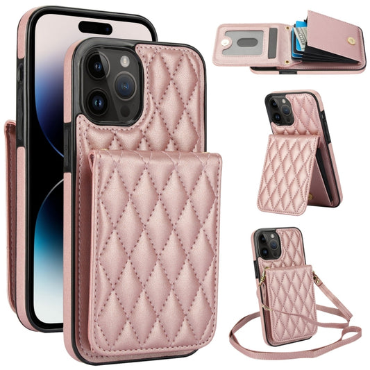 For iPhone 14 Pro Max YM015 Crossbody Rhombic Card Bag RFID Phone Case(Rose Gold) - iPhone 14 Pro Max Cases by buy2fix | Online Shopping UK | buy2fix