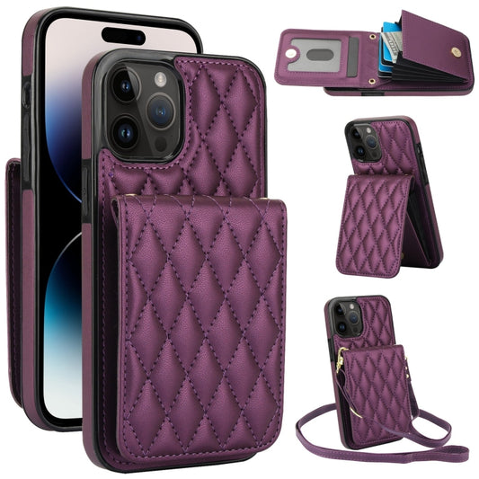 For iPhone 14 Pro Max YM015 Crossbody Rhombic Card Bag RFID Phone Case(Dark Purple) - iPhone 14 Pro Max Cases by buy2fix | Online Shopping UK | buy2fix