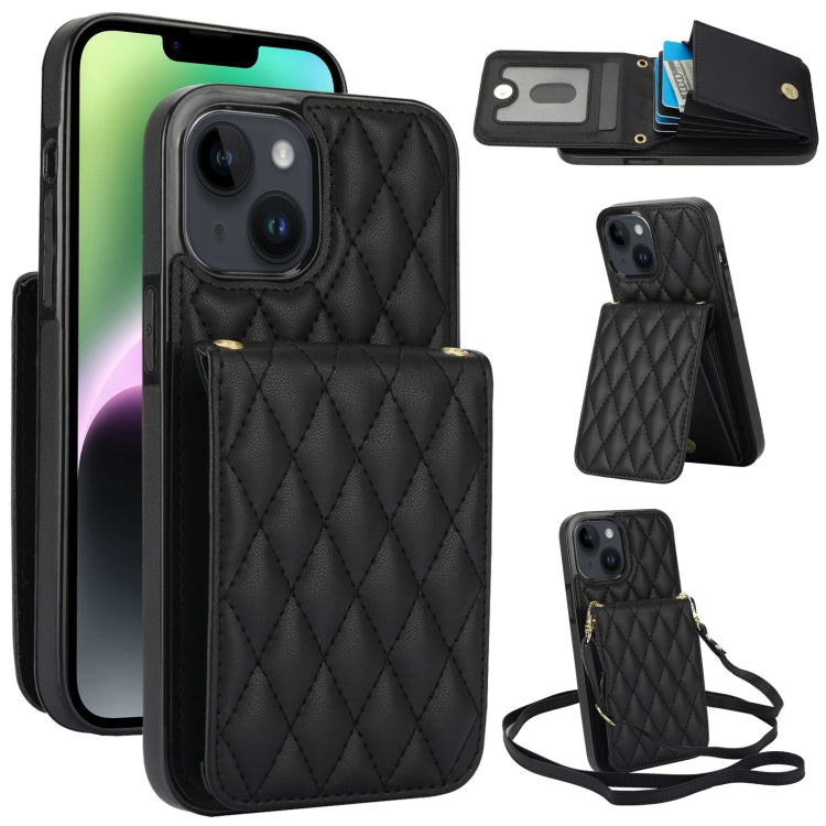 For iPhone 14 YM015 Crossbody Rhombic Card Bag RFID Phone Case(Black) - iPhone 14 Cases by buy2fix | Online Shopping UK | buy2fix