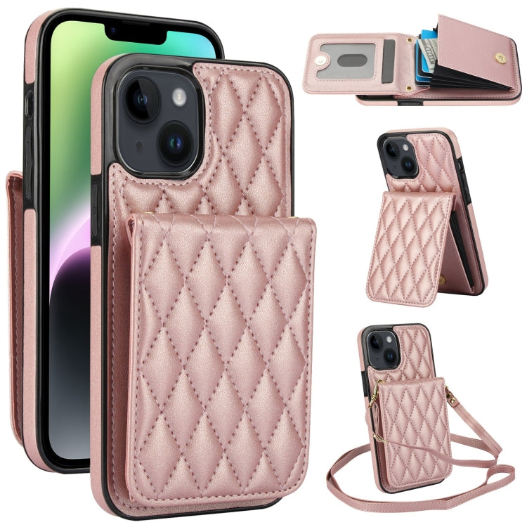 For iPhone 14 YM015 Crossbody Rhombic Card Bag RFID Phone Case(Rose Gold) - iPhone 14 Cases by buy2fix | Online Shopping UK | buy2fix