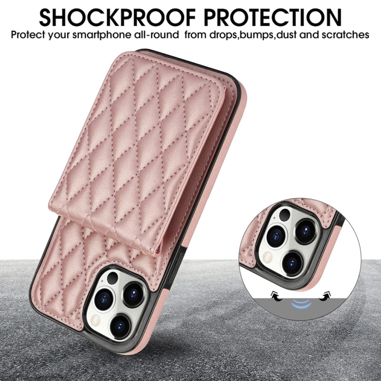 For iPhone 14 YM015 Crossbody Rhombic Card Bag RFID Phone Case(Rose Gold) - iPhone 14 Cases by buy2fix | Online Shopping UK | buy2fix