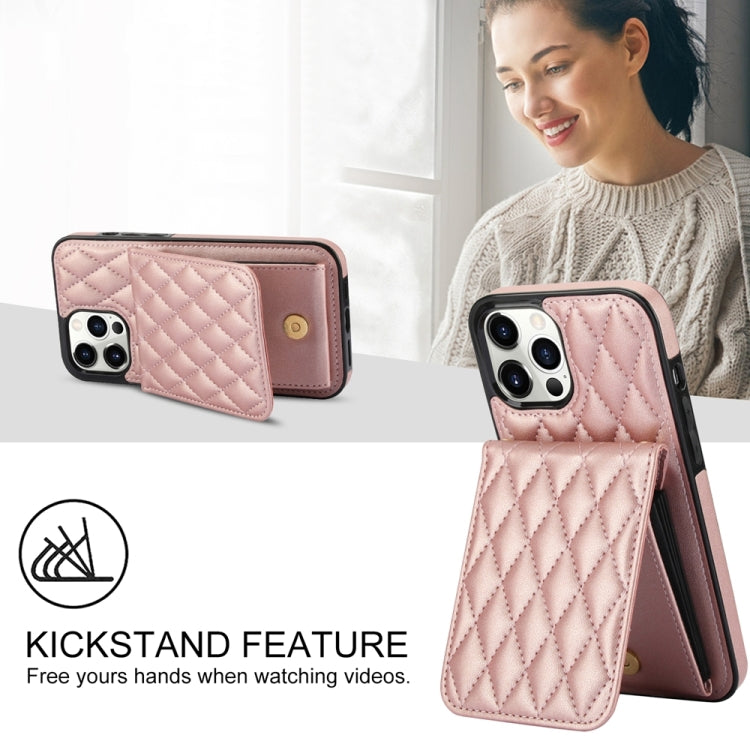 For iPhone 14 YM015 Crossbody Rhombic Card Bag RFID Phone Case(Rose Gold) - iPhone 14 Cases by buy2fix | Online Shopping UK | buy2fix