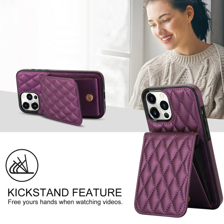 For iPhone 14 YM015 Crossbody Rhombic Card Bag RFID Phone Case(Dark Purple) - iPhone 14 Cases by buy2fix | Online Shopping UK | buy2fix
