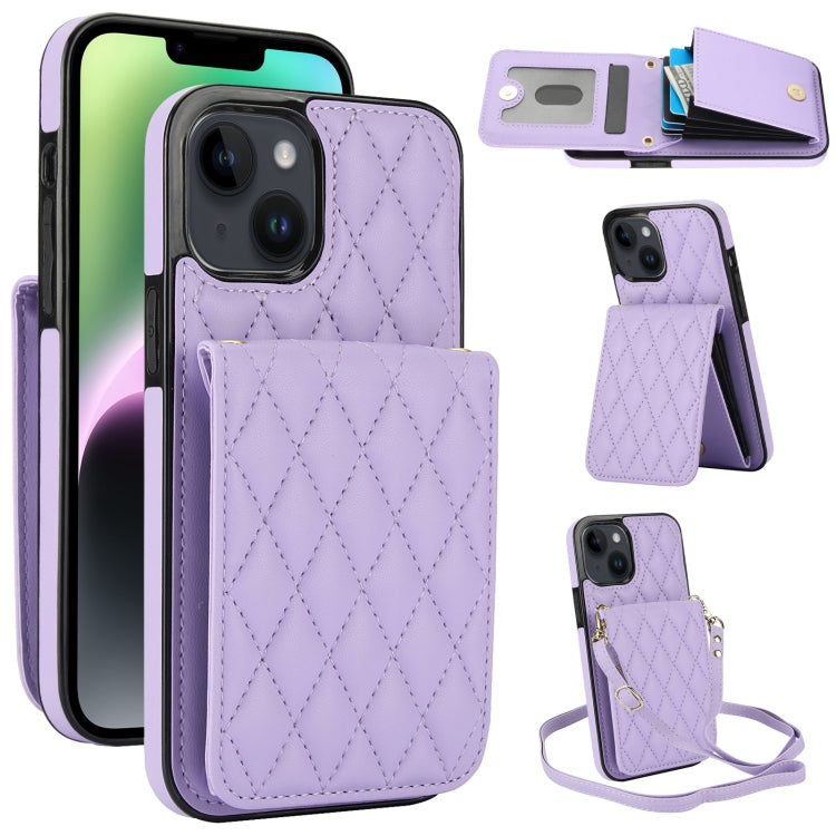 For iPhone 14 YM015 Crossbody Rhombic Card Bag RFID Phone Case(Light Purple) - iPhone 14 Cases by buy2fix | Online Shopping UK | buy2fix