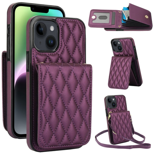 For iPhone 13 YM015 Crossbody Rhombic Card Bag RFID Phone Case(Dark Purple) - iPhone 13 Cases by buy2fix | Online Shopping UK | buy2fix