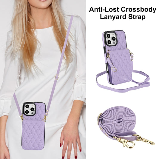 For iPhone 16 Pro YM015 Crossbody Rhombic Card Bag RFID Phone Case(Light Purple) by buy2fix