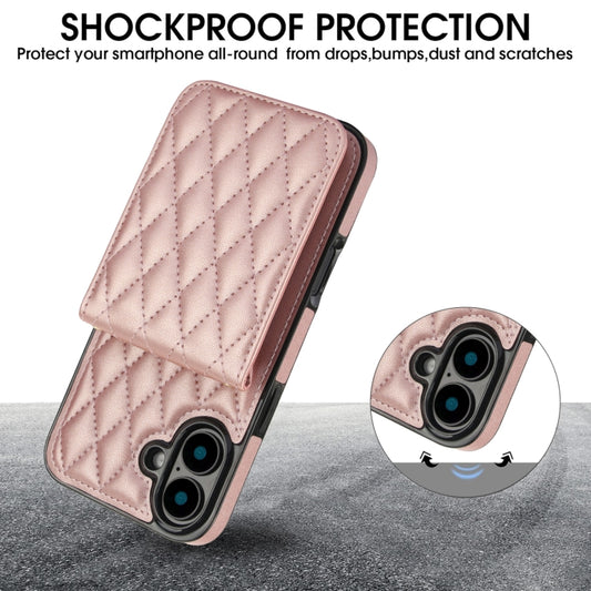 For iPhone 16 YM015 Crossbody Rhombic Card Bag RFID Phone Case(Rose Gold) by buy2fix