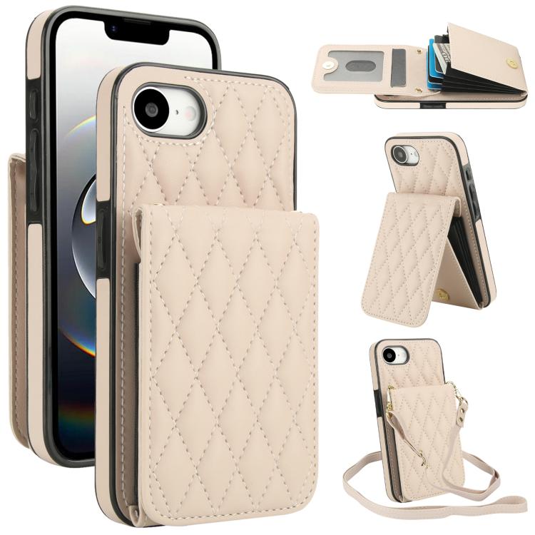 For iPhone 16e YM015 Crossbody Rhombic Card Bag RFID Phone Case(White) - iPhone 16e Cases by buy2fix | Online Shopping UK | buy2fix