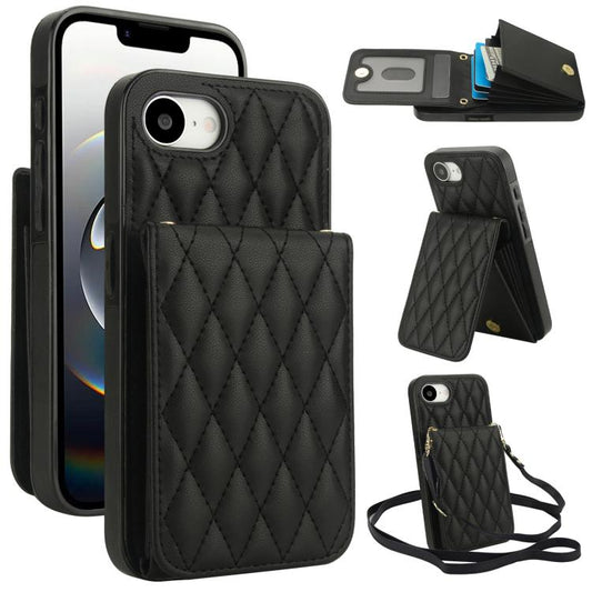 For iPhone 16e YM015 Crossbody Rhombic Card Bag RFID Phone Case(Black) - iPhone 16e Cases by buy2fix | Online Shopping UK | buy2fix