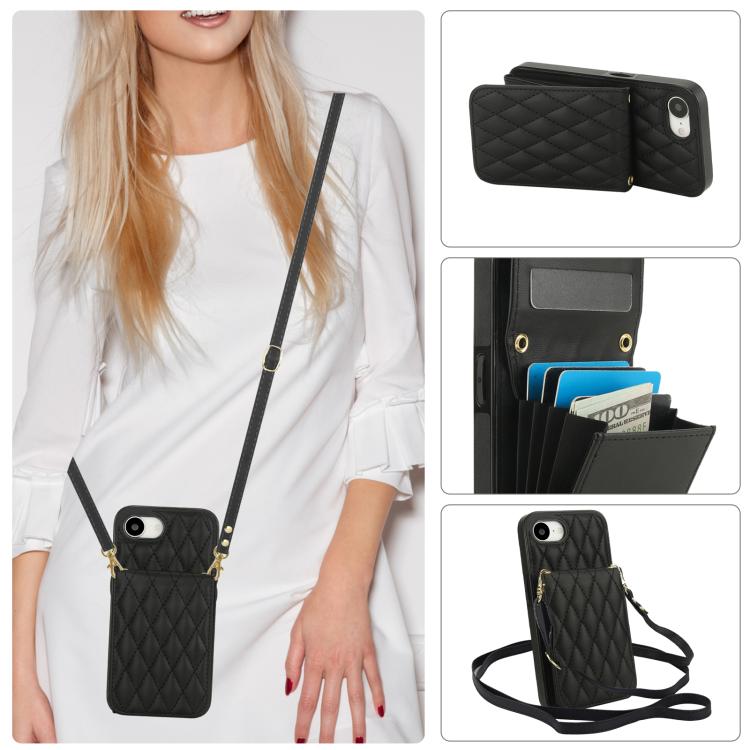 For iPhone 16e YM015 Crossbody Rhombic Card Bag RFID Phone Case(Black) - iPhone 16e Cases by buy2fix | Online Shopping UK | buy2fix