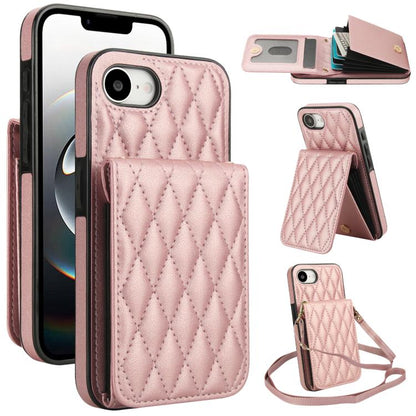 For iPhone 16e YM015 Crossbody Rhombic Card Bag RFID Phone Case(Rose Gold) - iPhone 16e Cases by buy2fix | Online Shopping UK | buy2fix