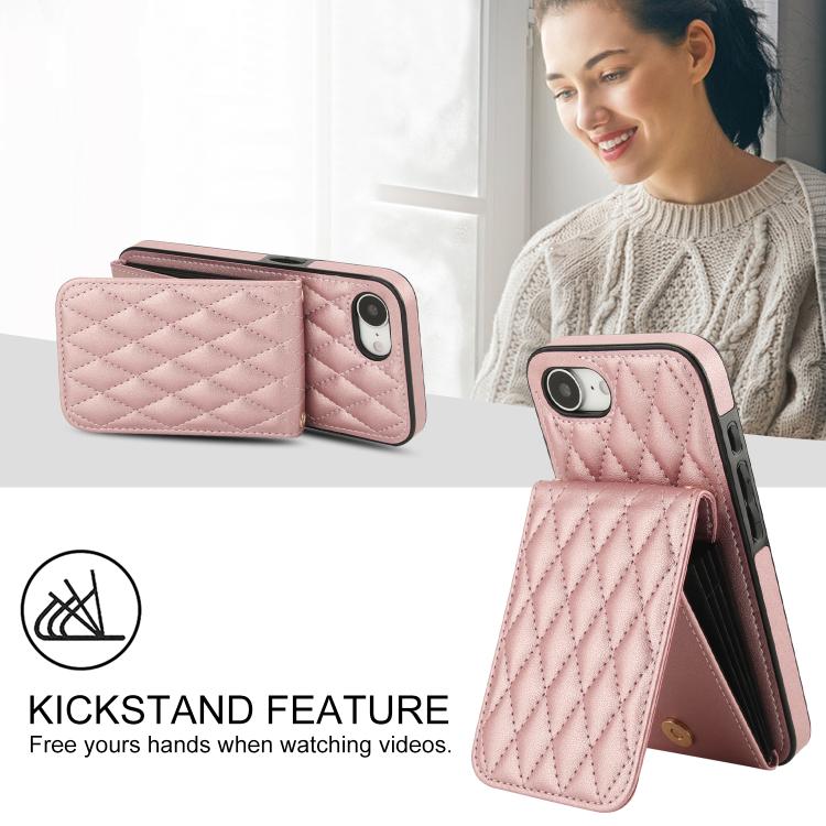 For iPhone 16e YM015 Crossbody Rhombic Card Bag RFID Phone Case(Rose Gold) - iPhone 16e Cases by buy2fix | Online Shopping UK | buy2fix