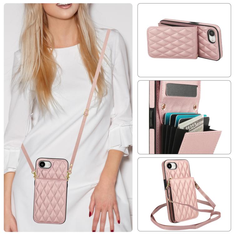 For iPhone 16e YM015 Crossbody Rhombic Card Bag RFID Phone Case(Rose Gold) - iPhone 16e Cases by buy2fix | Online Shopping UK | buy2fix