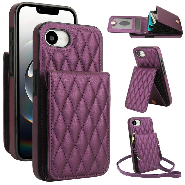 For iPhone 16e YM015 Crossbody Rhombic Card Bag RFID Phone Case(Dark Purple) - iPhone 16e Cases by buy2fix | Online Shopping UK | buy2fix