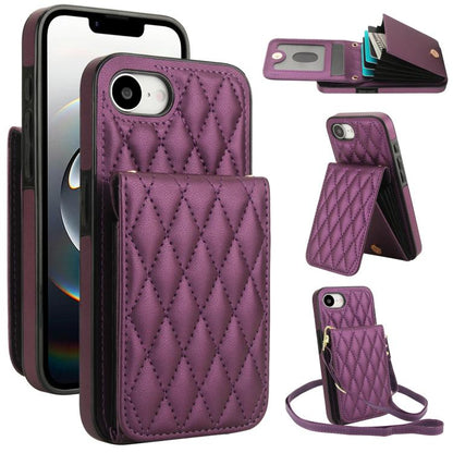 For iPhone 16e YM015 Crossbody Rhombic Card Bag RFID Phone Case(Dark Purple) - iPhone 16e Cases by buy2fix | Online Shopping UK | buy2fix