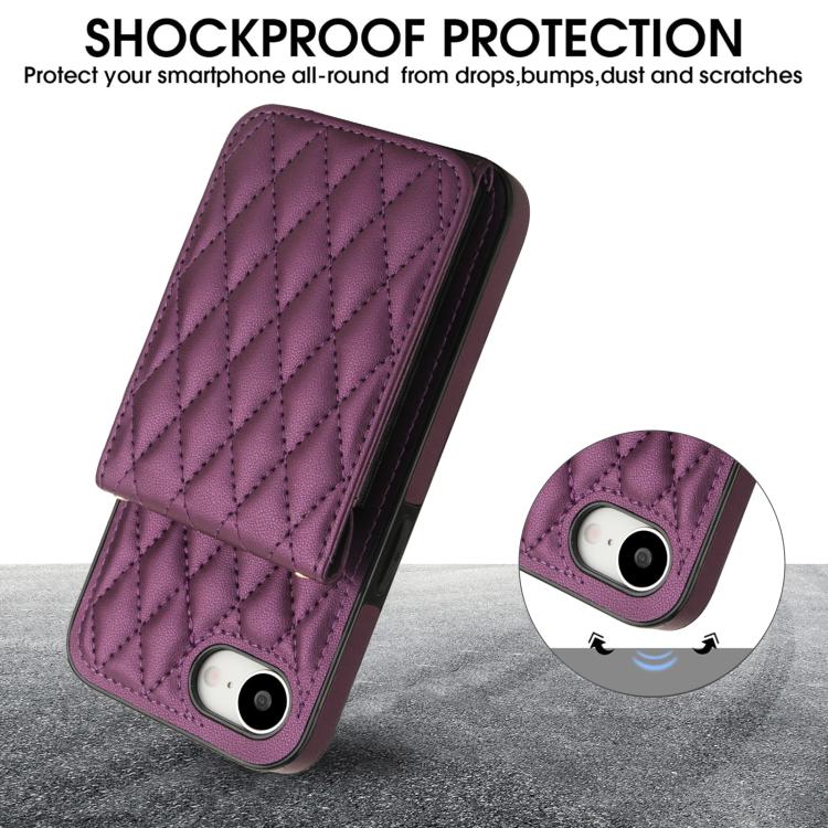 For iPhone 16e YM015 Crossbody Rhombic Card Bag RFID Phone Case(Dark Purple) - iPhone 16e Cases by buy2fix | Online Shopping UK | buy2fix