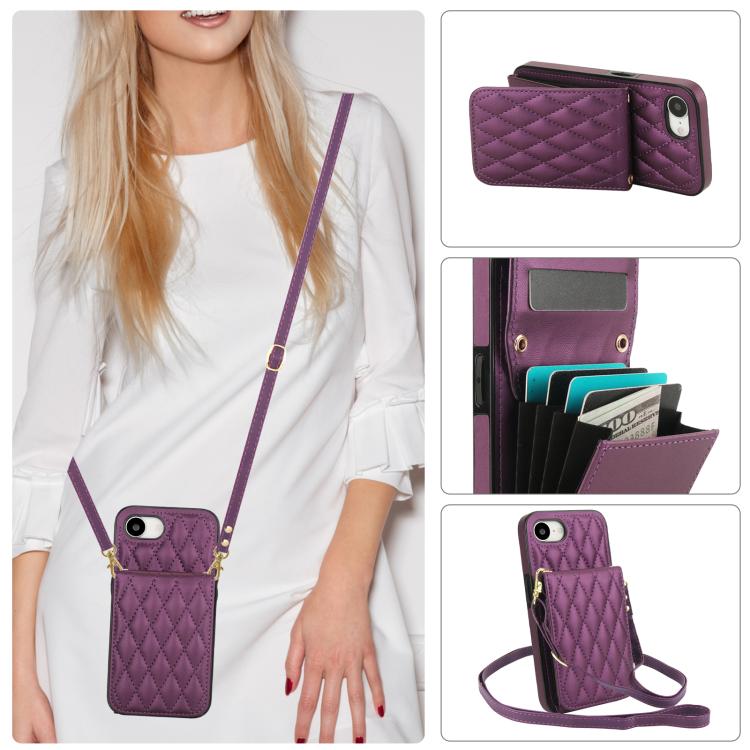 For iPhone 16e YM015 Crossbody Rhombic Card Bag RFID Phone Case(Dark Purple) - iPhone 16e Cases by buy2fix | Online Shopping UK | buy2fix