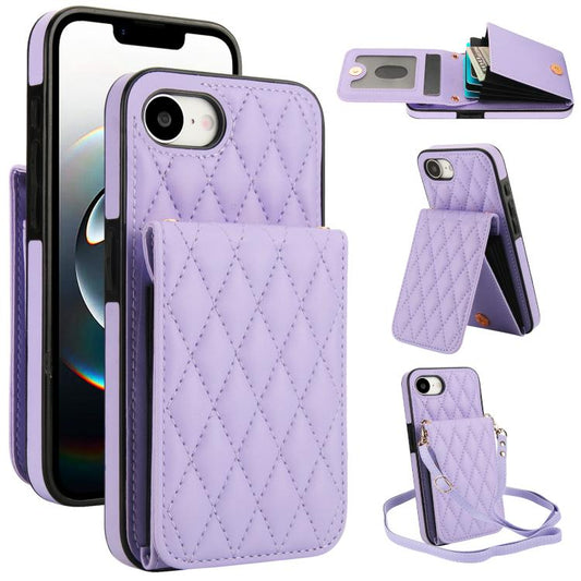 For iPhone 16e YM015 Crossbody Rhombic Card Bag RFID Phone Case(Light Purple) - iPhone 16e Cases by buy2fix | Online Shopping UK | buy2fix