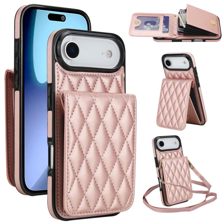 For iPhone Air YM015 Crossbody Rhombic Card Bag RFID Phone Case(Rose Gold) - iPhone Air Cases by buy2fix | Online Shopping UK | buy2fix