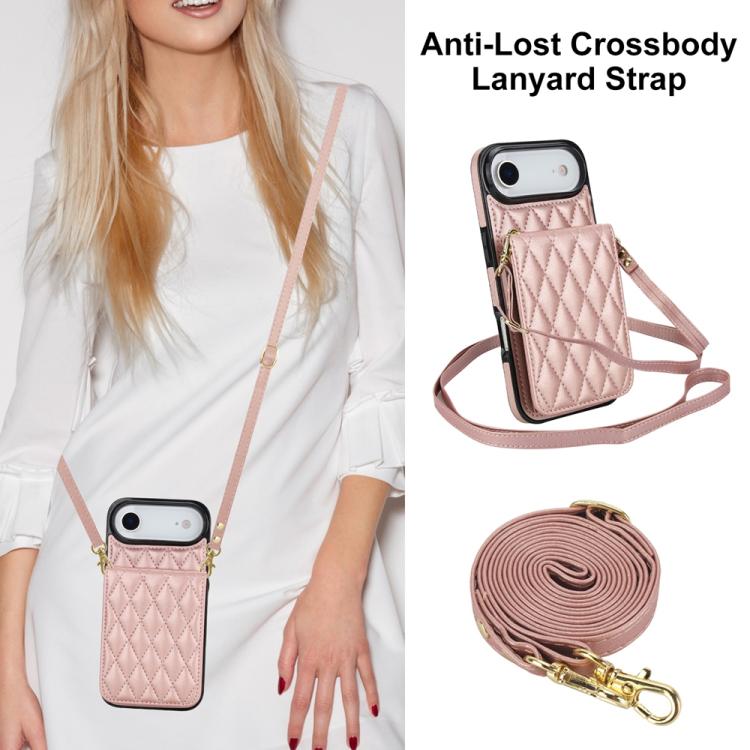 For iPhone Air YM015 Crossbody Rhombic Card Bag RFID Phone Case(Rose Gold) - iPhone Air Cases by buy2fix | Online Shopping UK | buy2fix