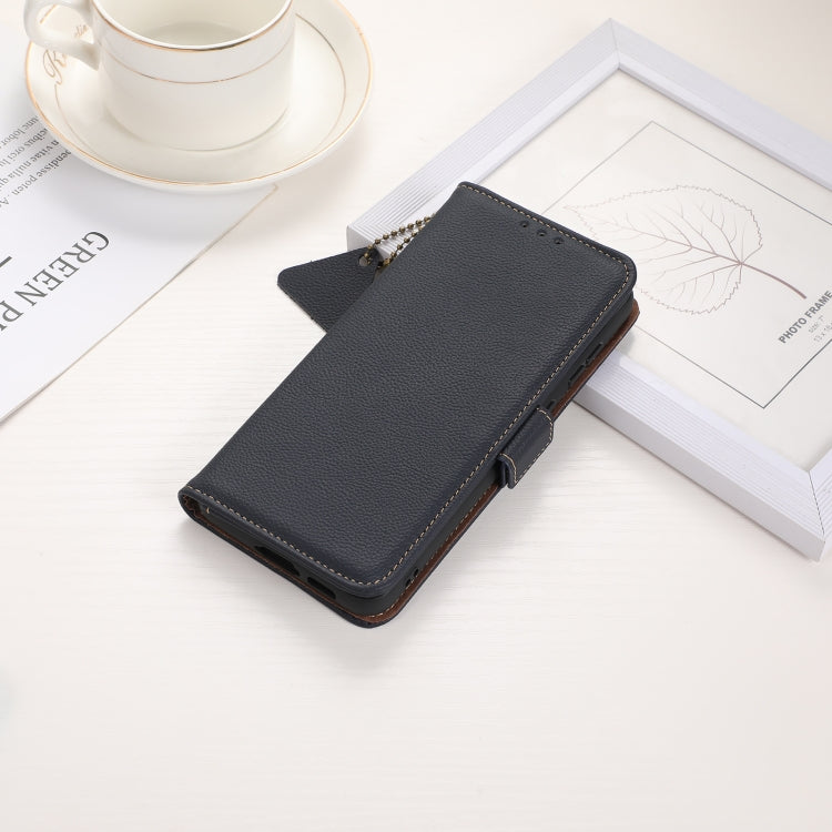 For iPhone 16e Side-Magnetic TJ Genuine Leather RFID Phone Case(Blue) by buy2fix