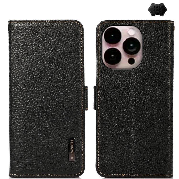 For iPhone 16 Pro Max KHAZNEH Side-Magnetic Litchi Genuine Leather RFID Case(Black) by buy2fix