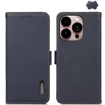For iPhone 16 Pro Max KHAZNEH Side-Magnetic Litchi Genuine Leather RFID Case(Blue) by buy2fix