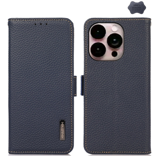 For iPhone 16 Pro Max KHAZNEH Side-Magnetic Litchi Genuine Leather RFID Case(Blue) by buy2fix