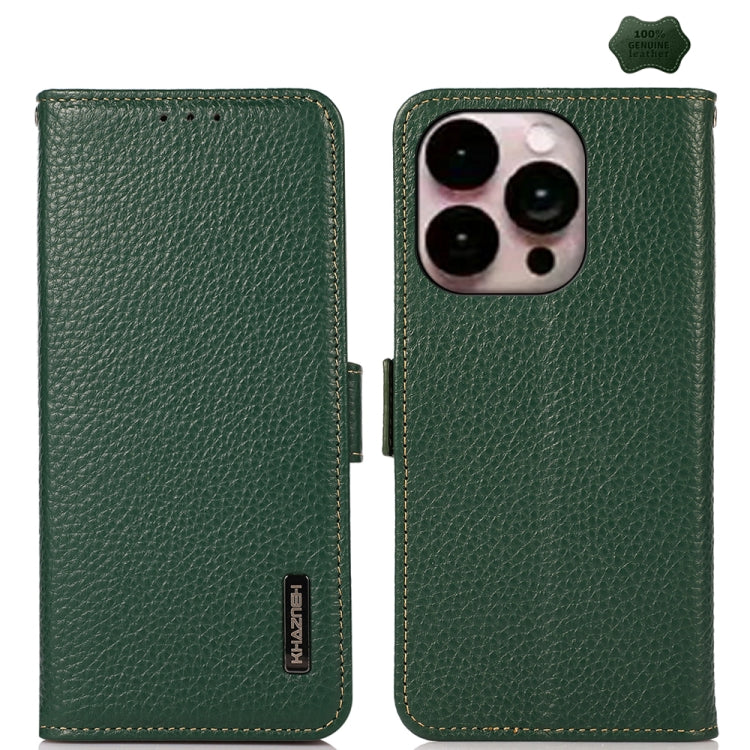 For iPhone 16 Pro Max KHAZNEH Side-Magnetic Litchi Genuine Leather RFID Case(Green) by buy2fix