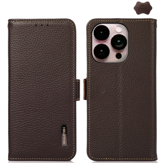 For iPhone 16 Pro Max KHAZNEH Side-Magnetic Litchi Genuine Leather RFID Case(Brown) by buy2fix