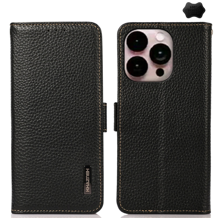 For iPhone 16 Pro KHAZNEH Side-Magnetic Litchi Genuine Leather RFID Case(Black) by buy2fix