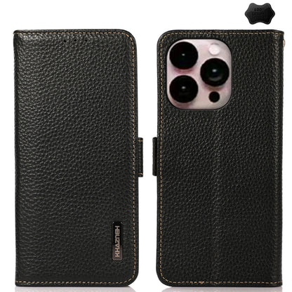 For iPhone 16 Pro KHAZNEH Side-Magnetic Litchi Genuine Leather RFID Case(Black) by buy2fix