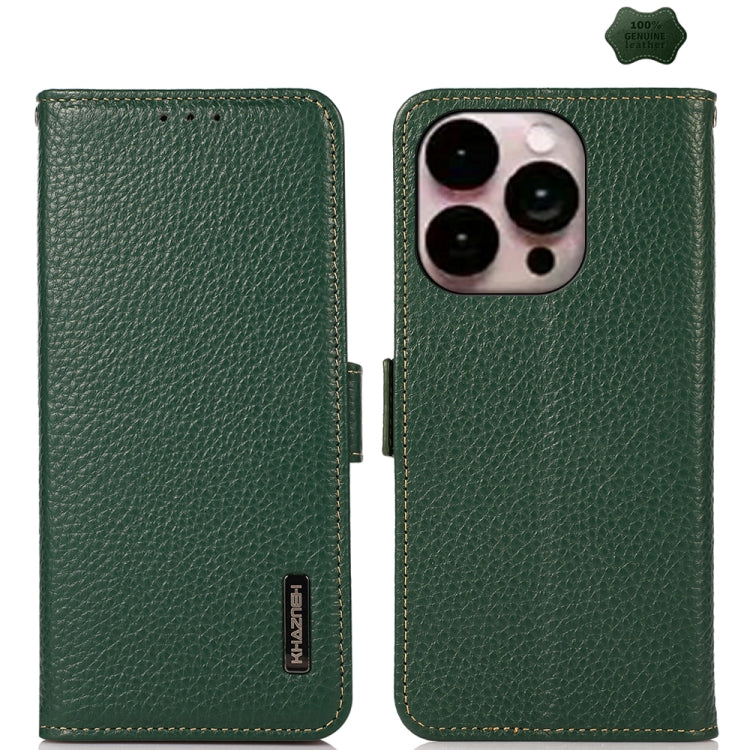 For iPhone 16 Pro KHAZNEH Side-Magnetic Litchi Genuine Leather RFID Case(Green) by buy2fix