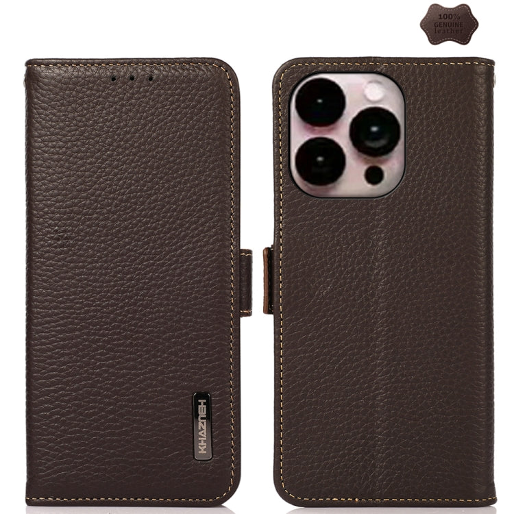 For iPhone 16 Pro KHAZNEH Side-Magnetic Litchi Genuine Leather RFID Case(Brown) by buy2fix