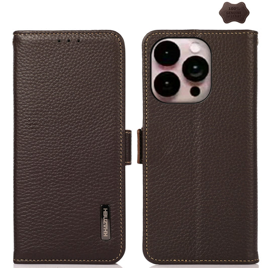 For iPhone 16 Pro KHAZNEH Side-Magnetic Litchi Genuine Leather RFID Case(Brown) by buy2fix