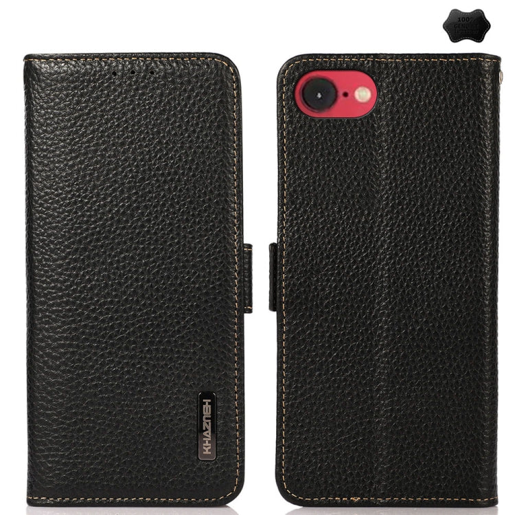 For iPhone 16e KHAZNEH Side-Magnetic Litchi Genuine Leather RFID Case(Black) by buy2fix