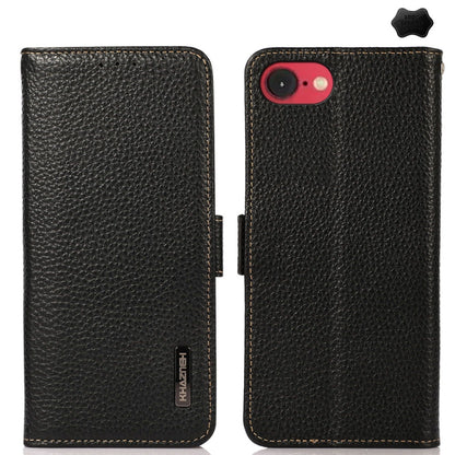 For iPhone 16e KHAZNEH Side-Magnetic Litchi Genuine Leather RFID Case(Black) by buy2fix