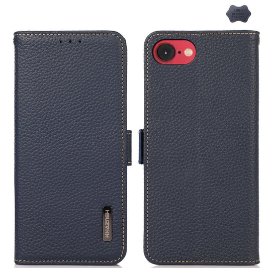 For iPhone 16e KHAZNEH Side-Magnetic Litchi Genuine Leather RFID Case(Blue) by buy2fix