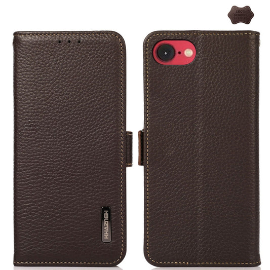 For iPhone 16e KHAZNEH Side-Magnetic Litchi Genuine Leather RFID Case(Brown) by buy2fix