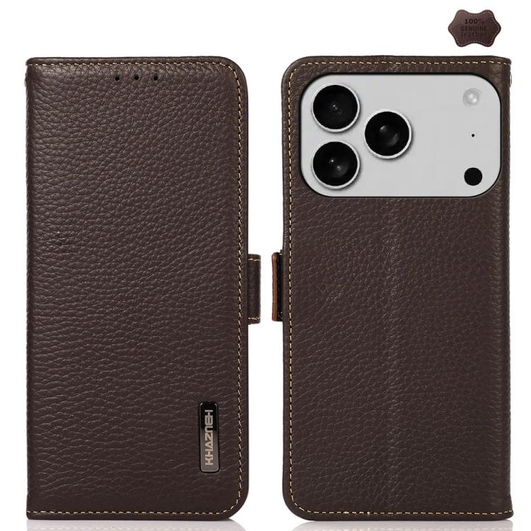 For iPhone 17 Pro KHAZNEH Side-Magnetic Litchi Genuine Leather RFID Case(Brown) - iPhone 17 Pro Cases by buy2fix | Online Shopping UK | buy2fix