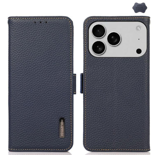 For iPhone 17 Pro Max KHAZNEH Side-Magnetic Litchi Genuine Leather RFID Case(Blue) - iPhone 17 Pro Max Cases by buy2fix | Online Shopping UK | buy2fix