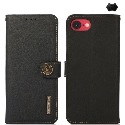 For iPhone 16e KHAZNEH Custer Genuine Leather RFID Phone Case(Black) by buy2fix