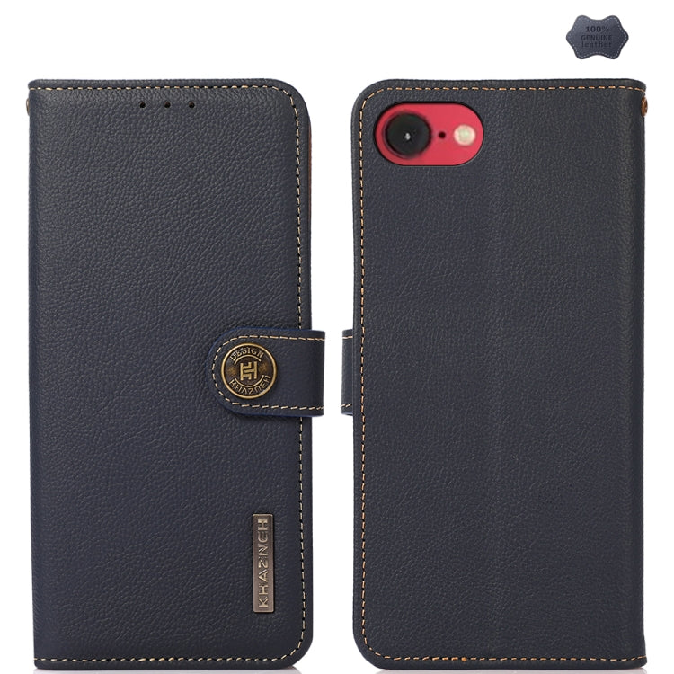 For iPhone 16e KHAZNEH Custer Genuine Leather RFID Phone Case(Blue) by buy2fix
