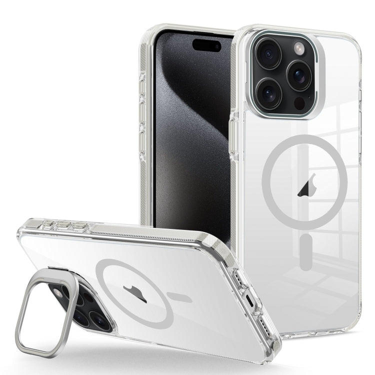 For iPhone 15 Pro Max J2 High Transparent MagSafe Magnetic Frame Holder Phone Case(Grey) - iPhone 15 Pro Max Cases by buy2fix | Online Shopping UK | buy2fix