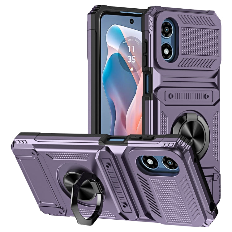 For Motorola Moto G Play 4G 2024 TPU+PC Shockproof Card Slot Phone Case with Metal Ring Holder(Purple) by buy2fix
